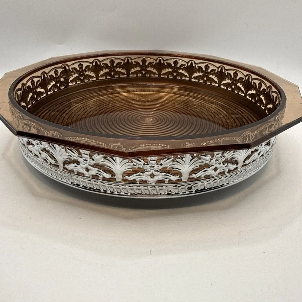 Vintage Hard Plastic Topaz Bowl‎ With Metal Silver Base/holder, Nuts, Candy